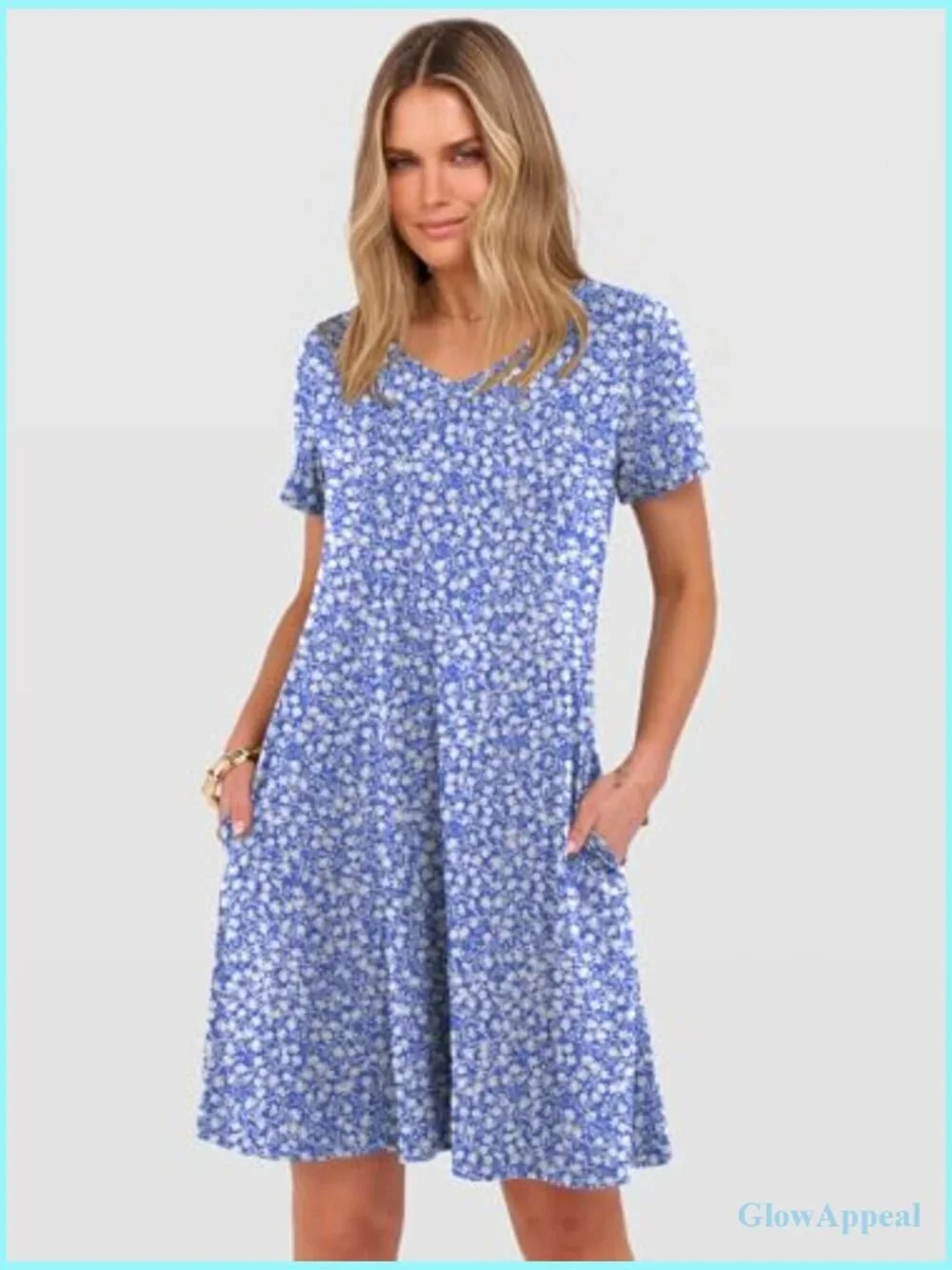 Women's V Neck Short Sleeve Flowy Mini Dress with Pockets